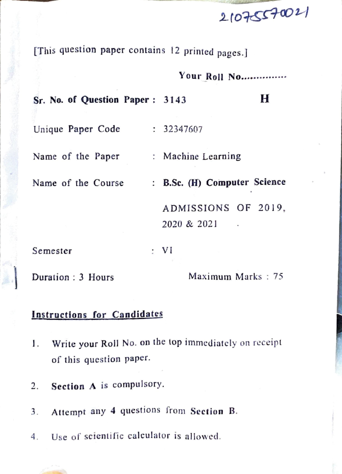 B.Sc. (H) Computer Science - Machine Learning Exam Paper (Sem VI) - Studocu