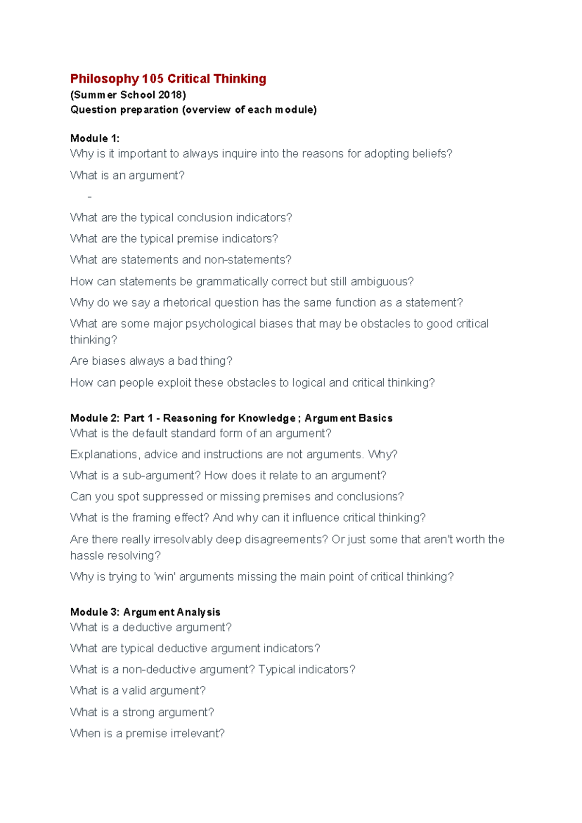 PHIL 105G Exam Prep - Key Concepts & Questions Overview for Modules ...