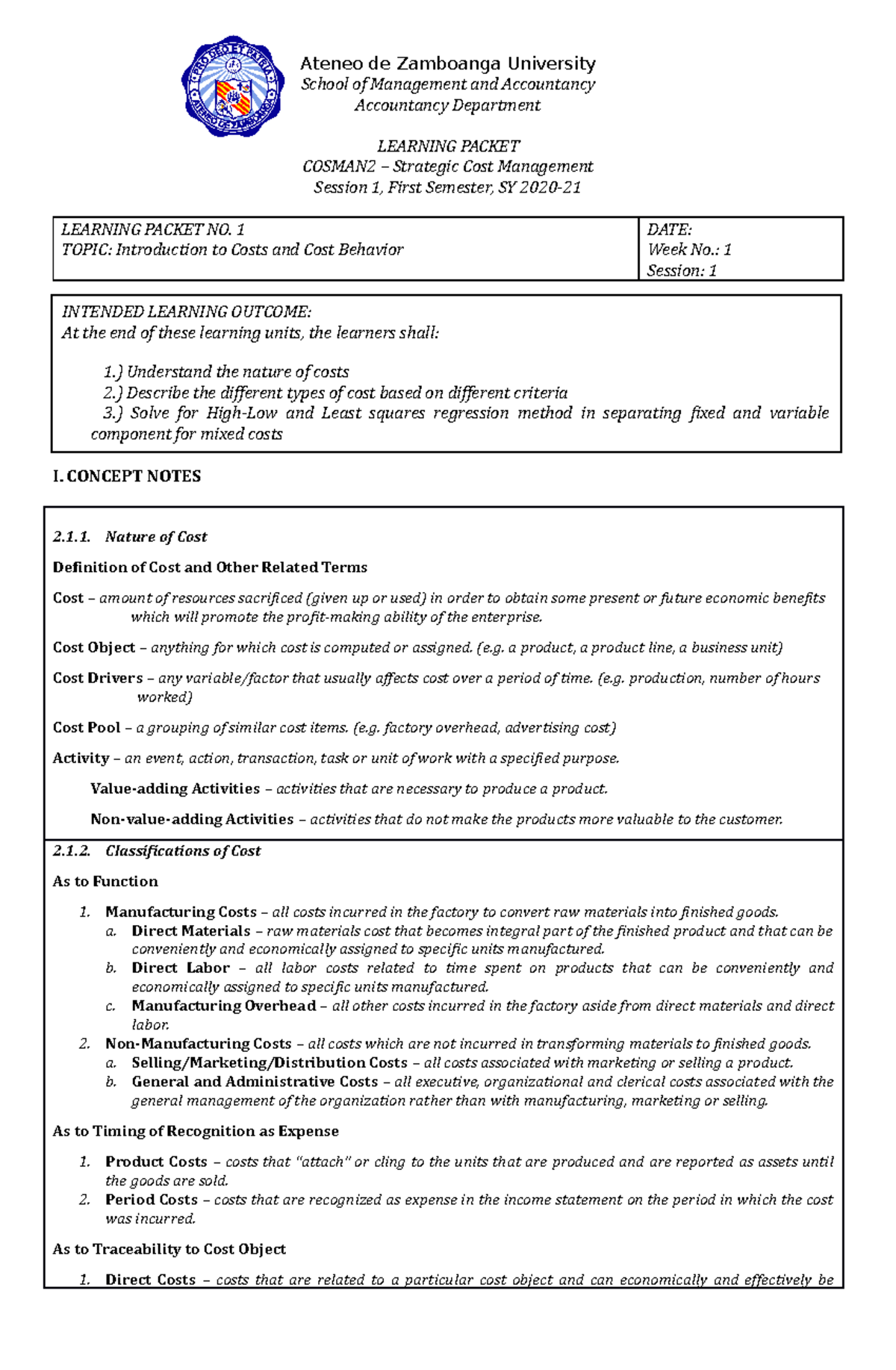 COSMAN2 Week 1: Cost Classifications and Behavior Analysis - Studocu