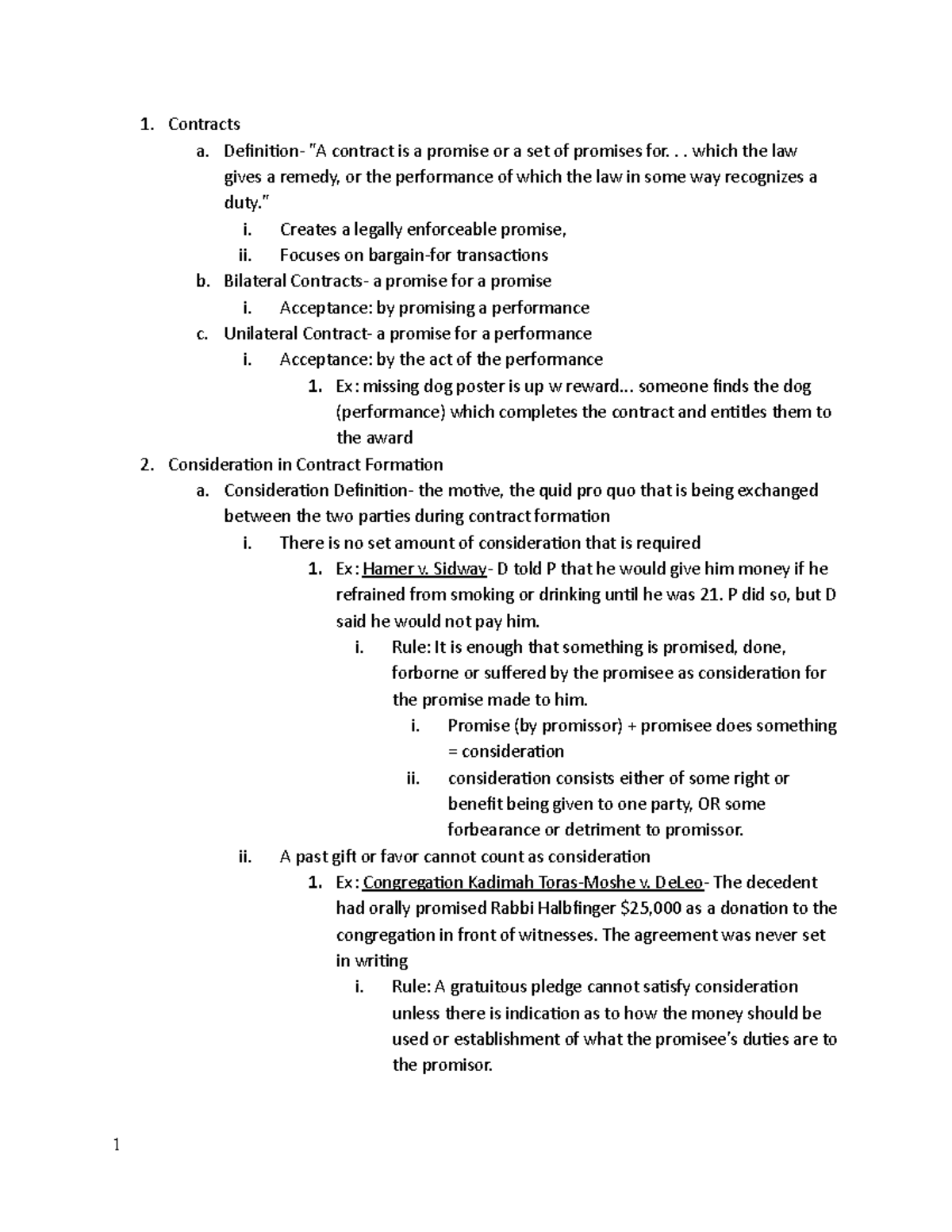 Feldman Contracts Outline - Contracts a. Definition- 