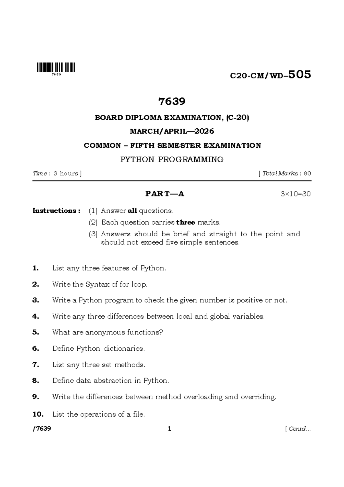 C 20 CM 505 - Python Programming Board Diploma Exam Questions - Studocu