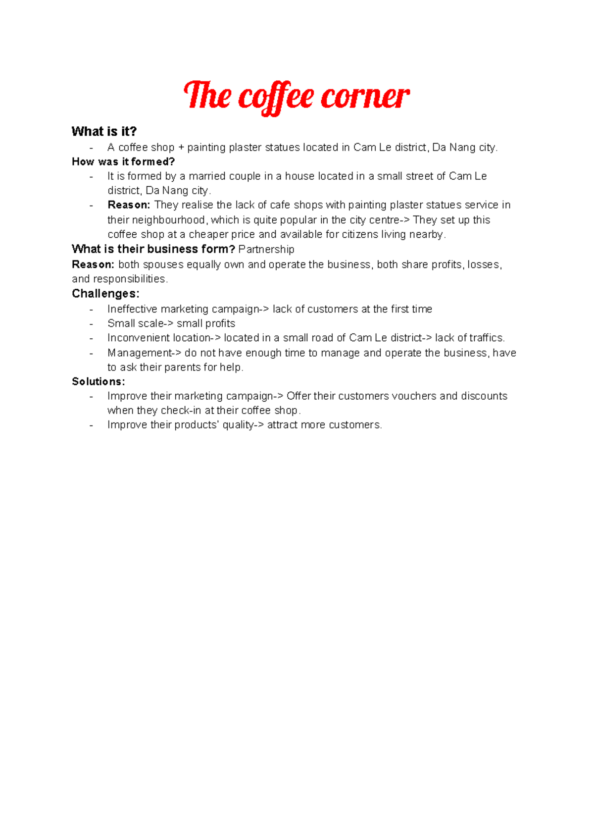 BA101: Coffee Corner Case Study - Formation & Challenges - Studocu