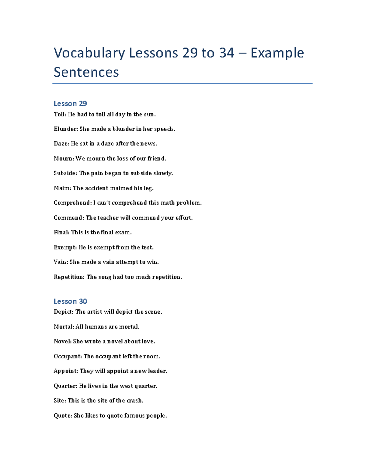 Vocabulary Lessons 29-34: Example Sentences for Key Terms - Studocu