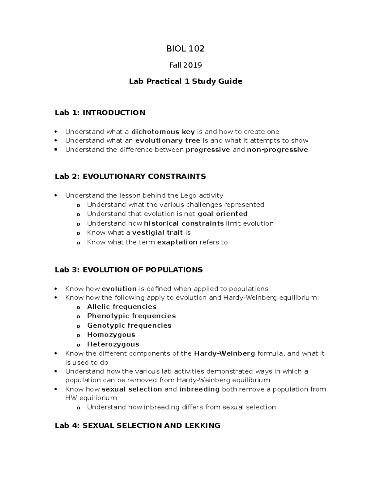 BIOL 102 Lab Practical 1 Study Guide - Fall 2019 Overview - Studocu