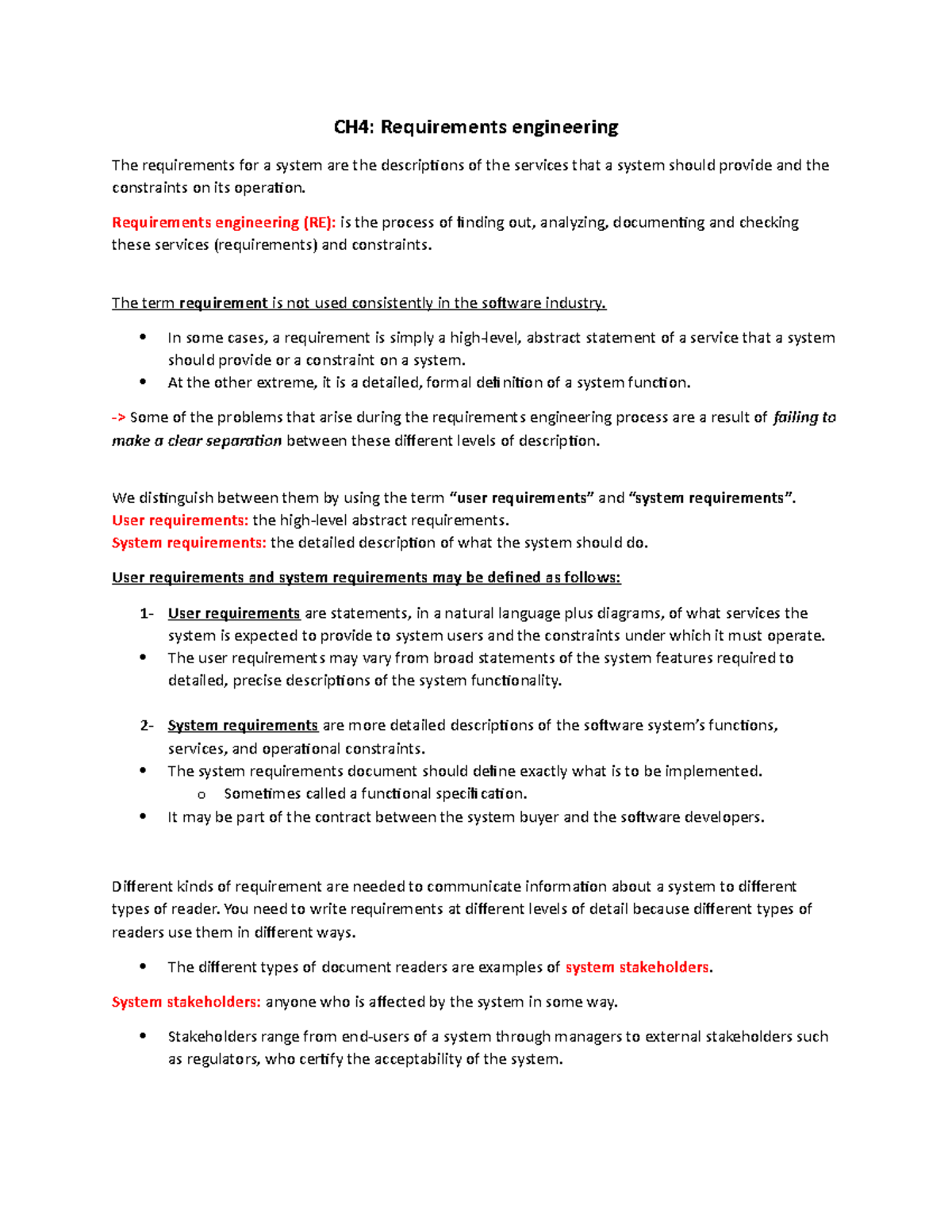 CH4 - software engineering summray - CH4: Requirements engineering The ...