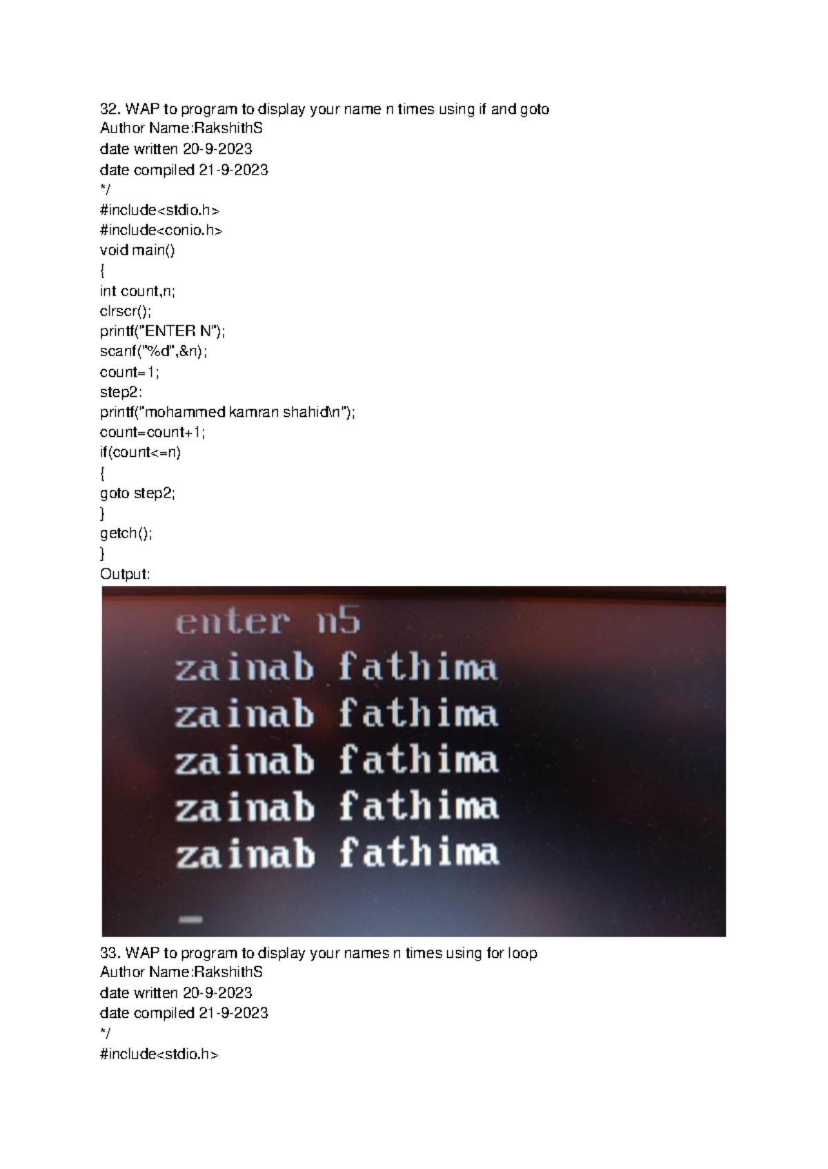 Rakshith S pl-10 - C++ lab programs - WAP to program to display your ...
