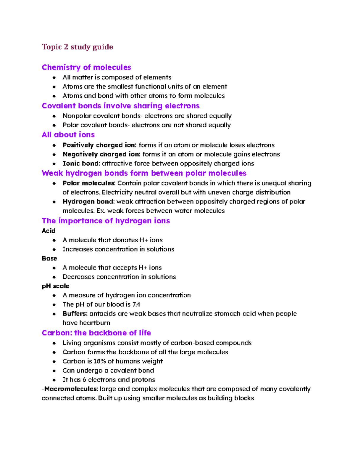 Bio 2040 Topic 2 Study Guide: Chemistry of Molecules and Ions - Studocu