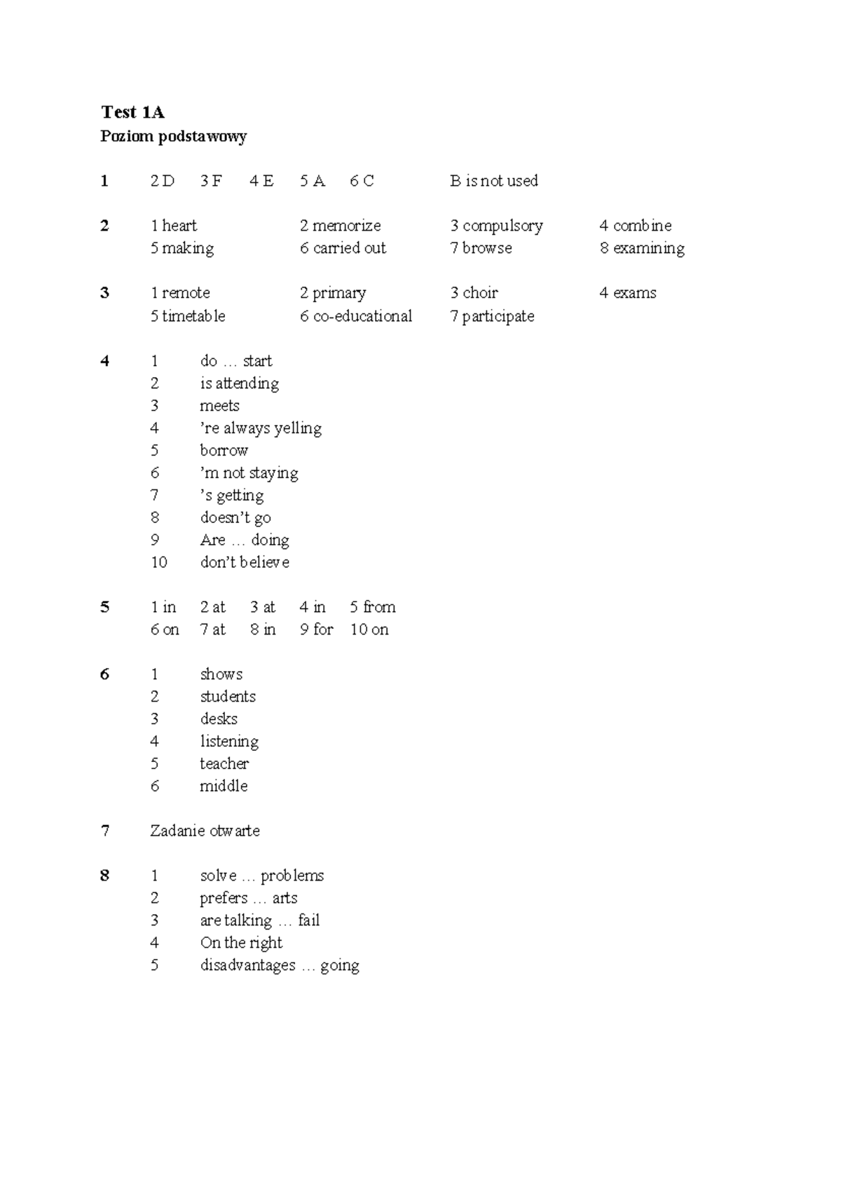 Ox ex progress tests answer key - Test 1A Poziom podstawowy 1 2 D 3 F 4 ...
