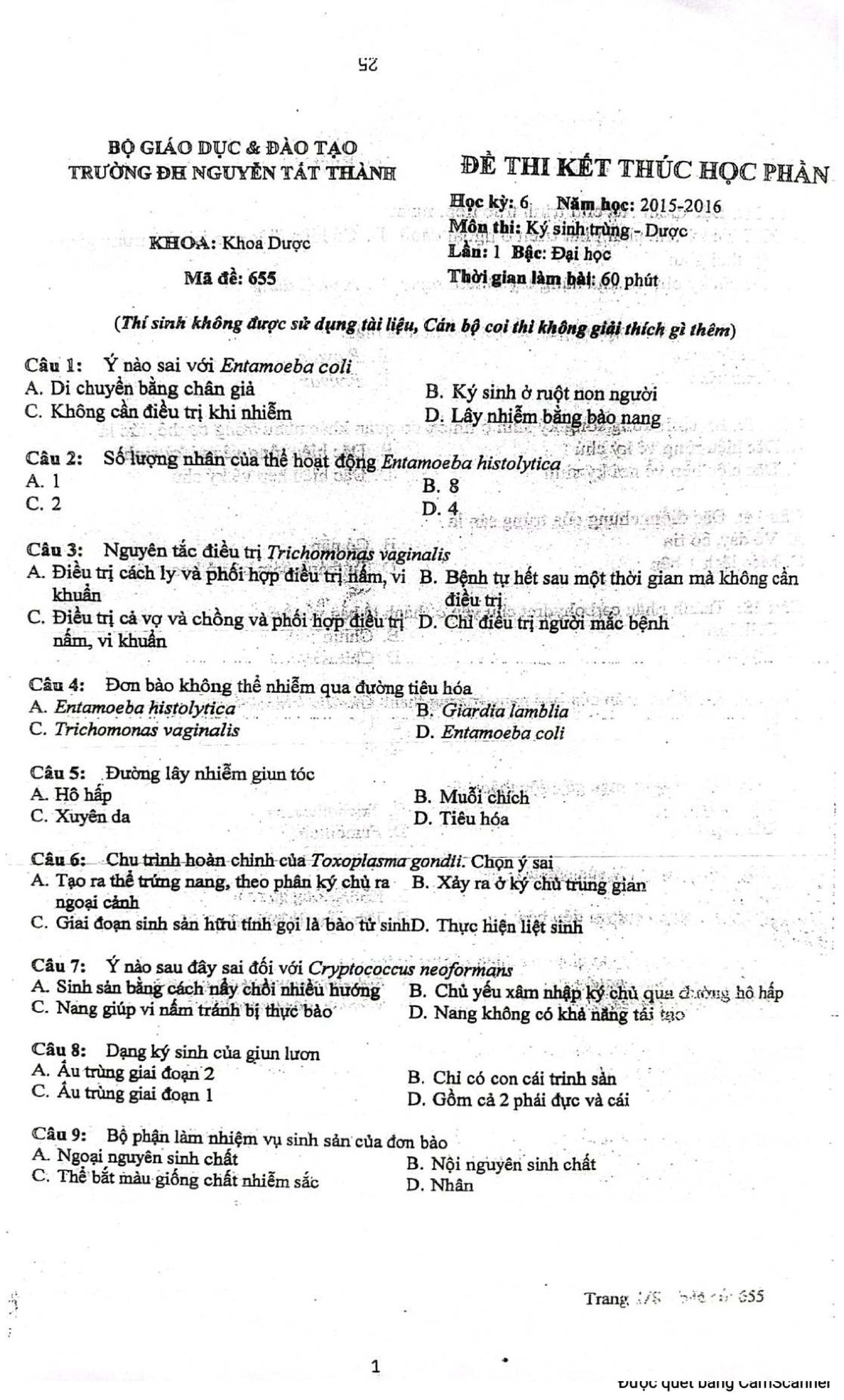 KST ÔN THI - ĐỀ 655 - Ôn Tập Ký Sinh Trùng - Document Preview