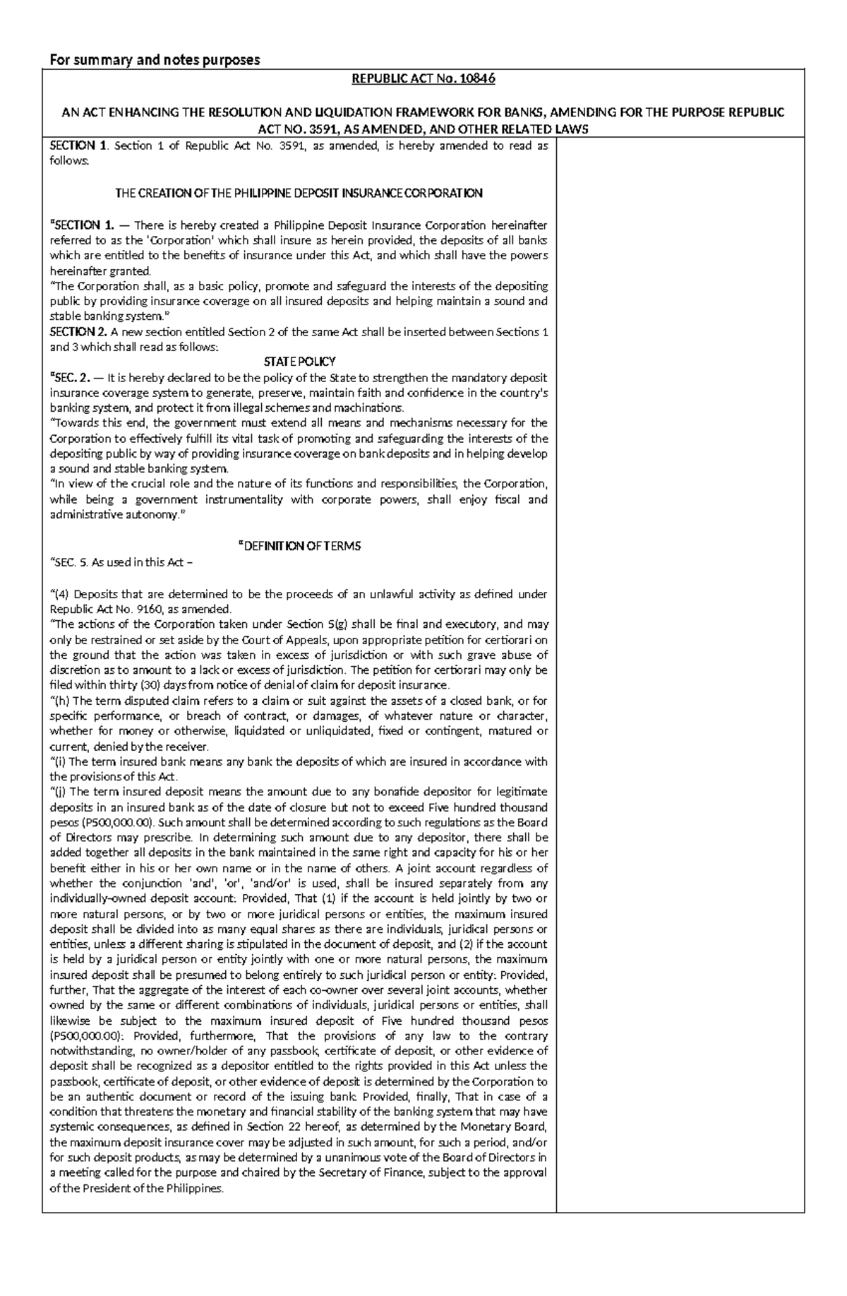LAW 303: Summary and Notes on Key Republic Acts and Banking Laws - Studocu
