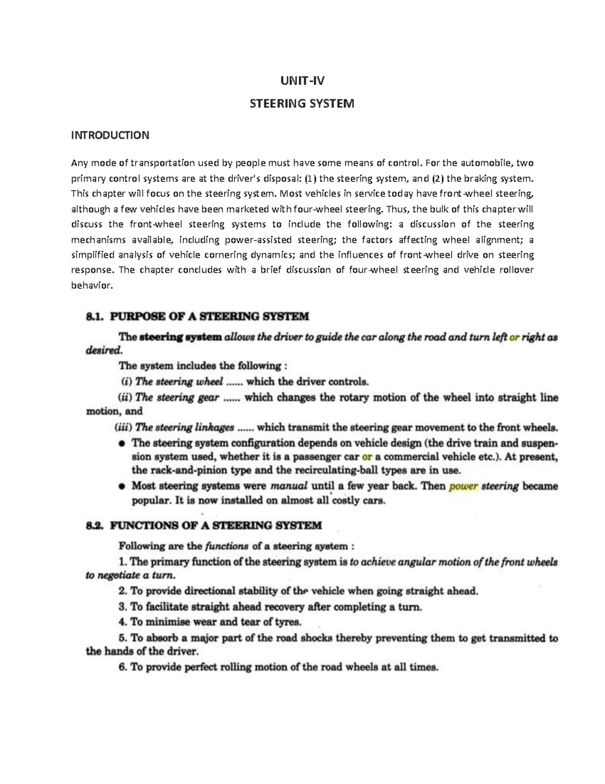 UNIT-IV: Steering System Overview for First-Year Students - Studocu