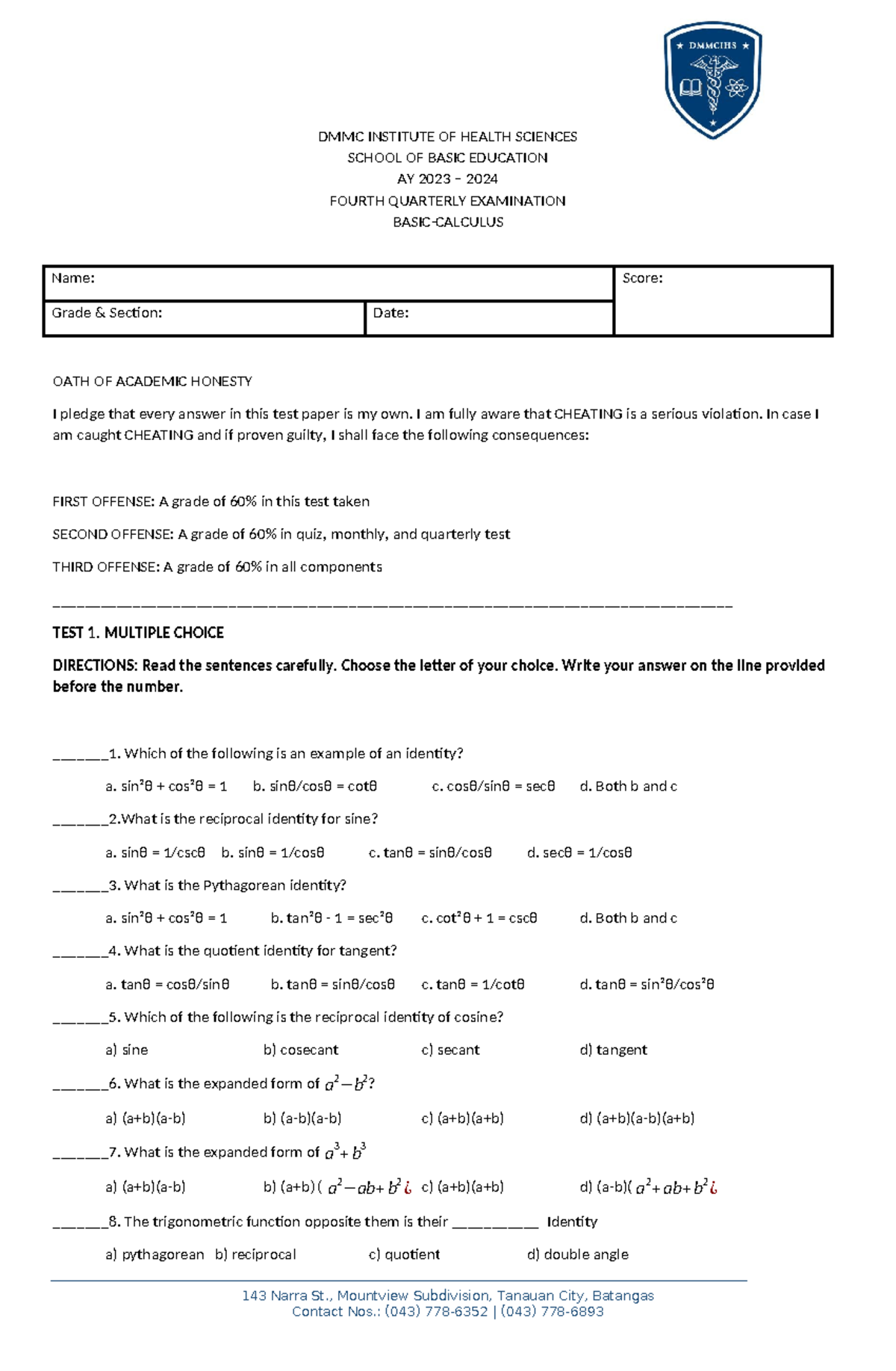 4th QE BAS-CAL - BASIC CALCULUS EXAM QUESTIONS & ACTIVITIES - Studocu