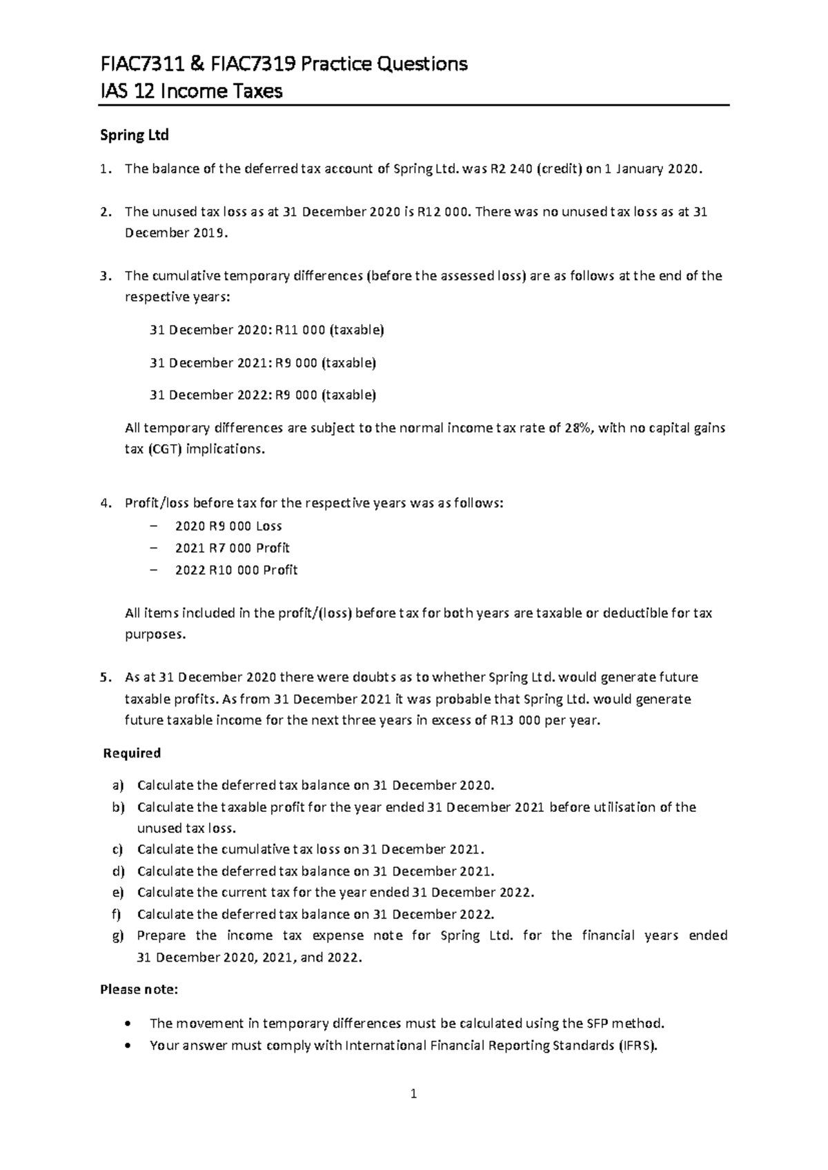 FIAC7311 & FIAC7319 IAS 12 Income Taxes - Spring Ltd Case Study Notes ...