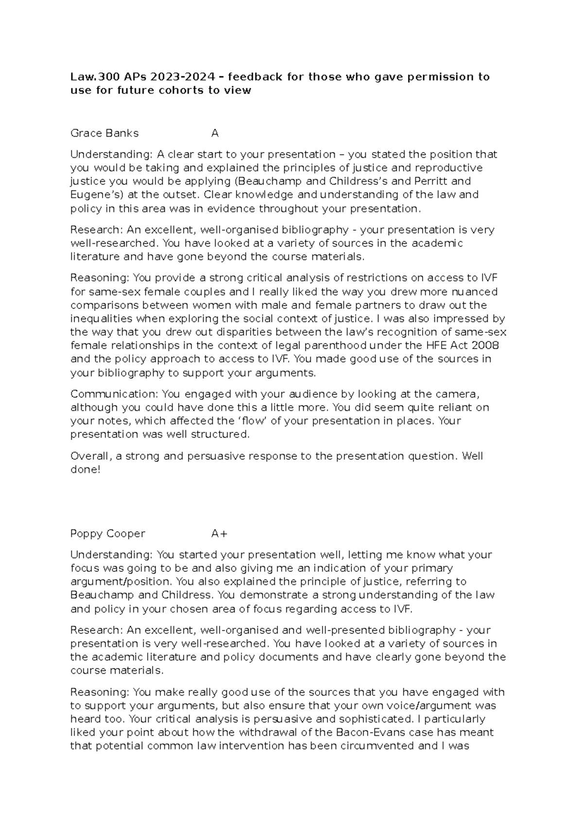 Law.300 APs 2023-2024 – sample presentation feedback - Law APs 2023 ...