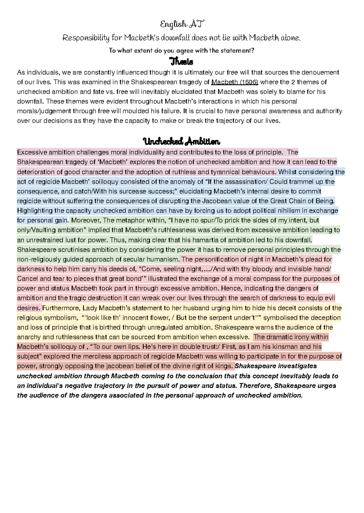 English AT - Essay on Macbeth: Ambition and Free Will's Role in ...