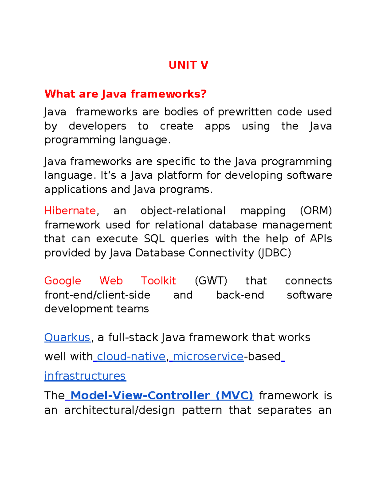 UNIT V ADJ - Understanding Java Frameworks and MVC Architecture - Studocu