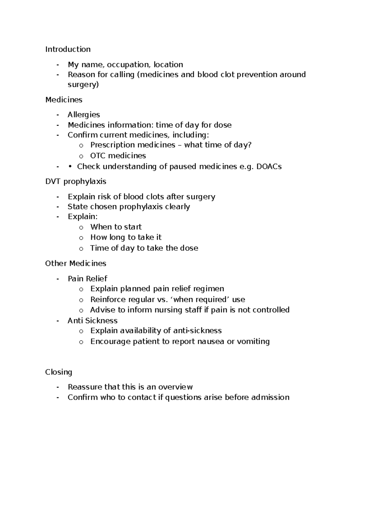 SOP - DVT Prophylaxis Counselling Overview and Guidelines - Studocu