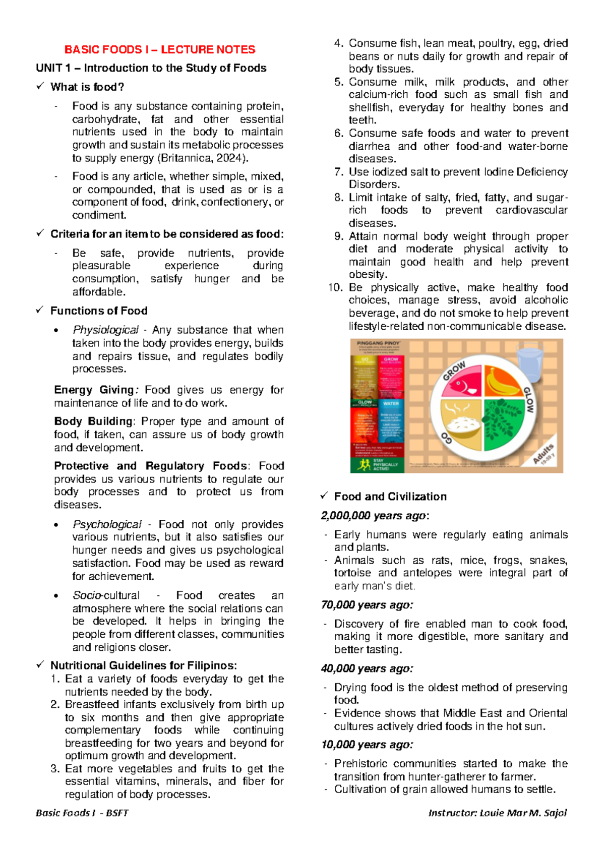 BASIC FOODS I LECTURE NOTES: UNIT 1 - Introduction to Food Studies ...