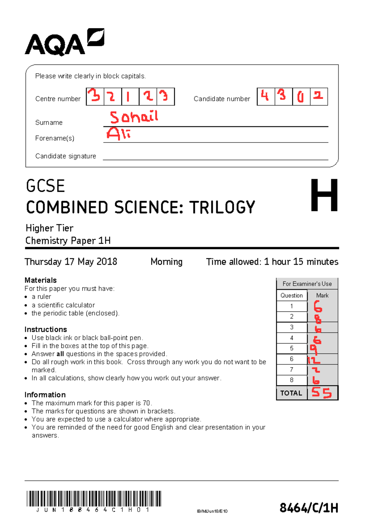 GCSE COMBINED SCIENCE: TRILOGY Higher Tier Chemistry Paper 1H (2018 ...