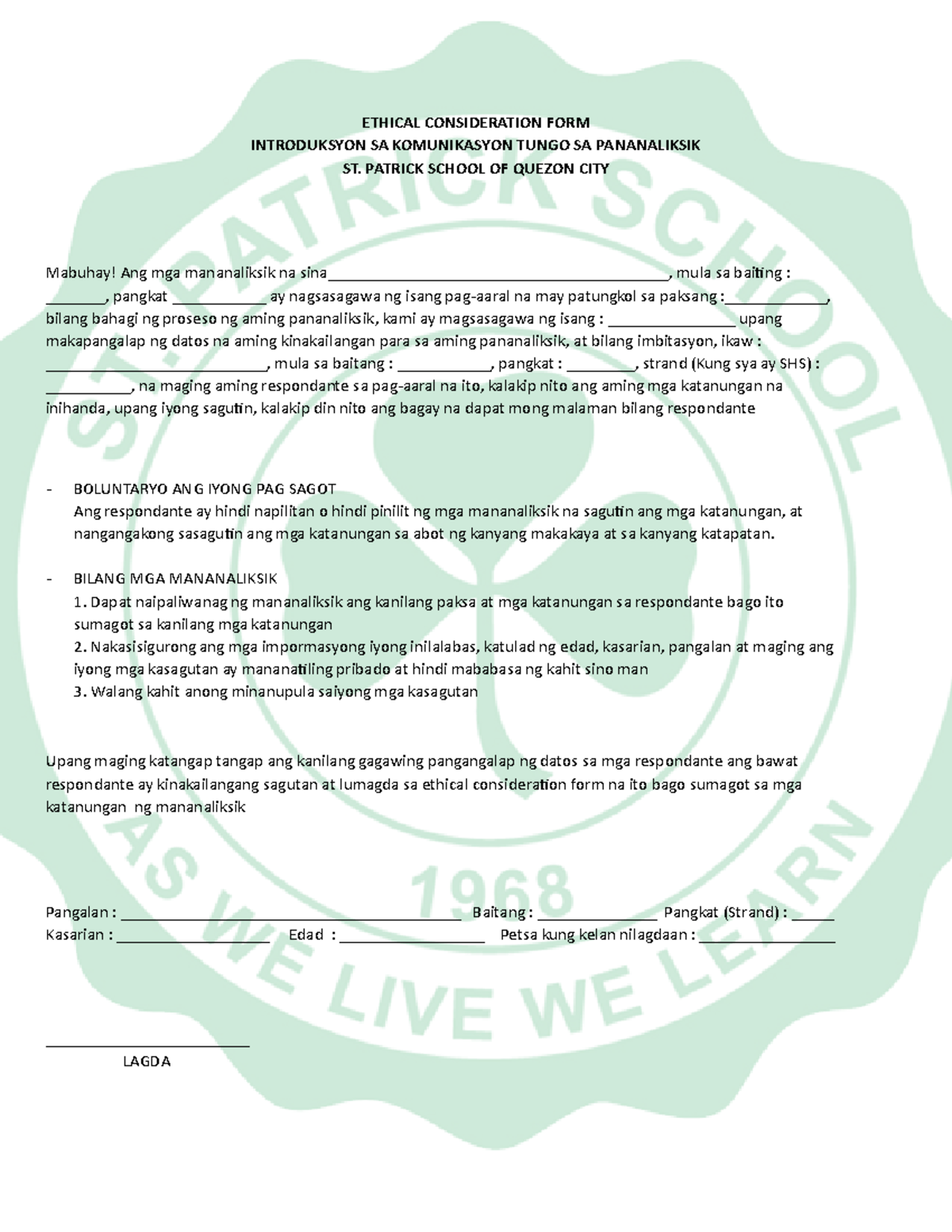 Ethical Consideration FORM - ETHICAL CONSIDERATION FORM INTRODUKSYON SA ...