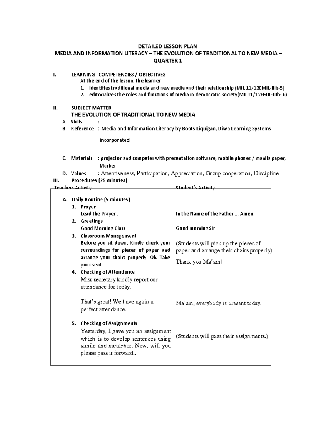 MIL 101: Detailed Lesson Plan on Evolution of Media - Quarter 1 - Studocu