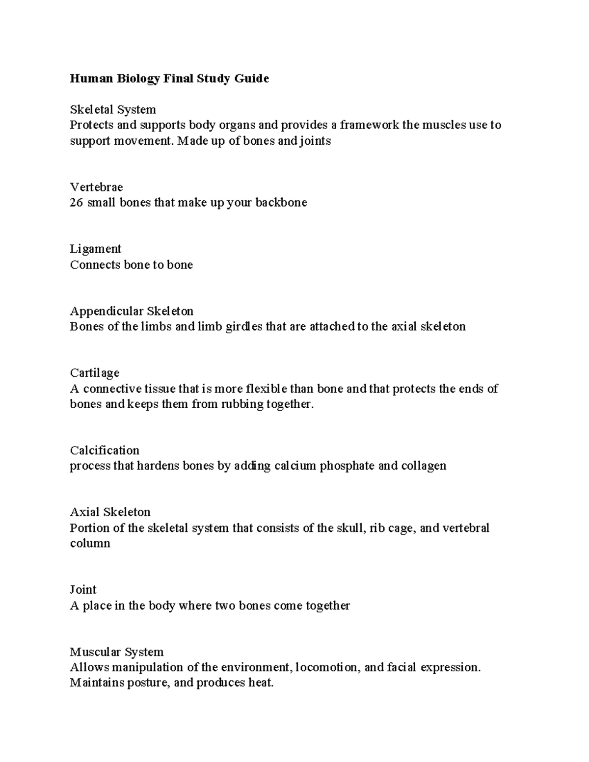 Human Bio 101 Final Exam Study Guide: Systems Overview and Key Concepts ...