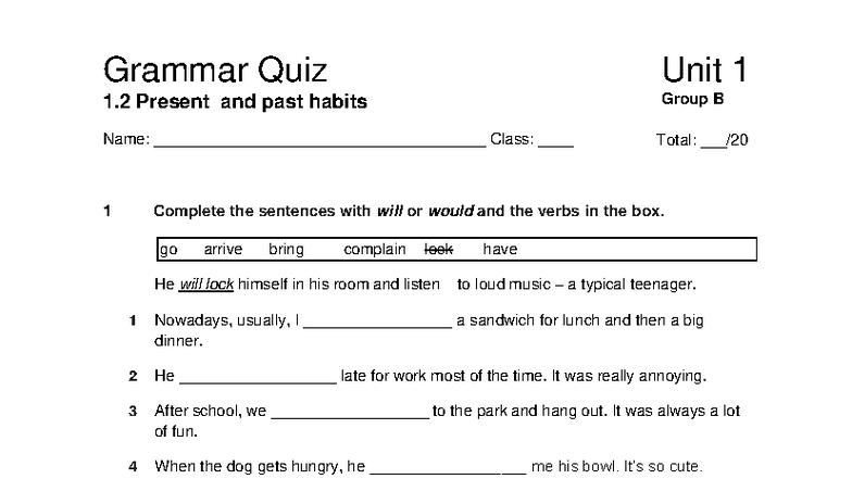 Focus 4 2E Grammar Quiz Unit 1.2 Group B Activities - Studocu