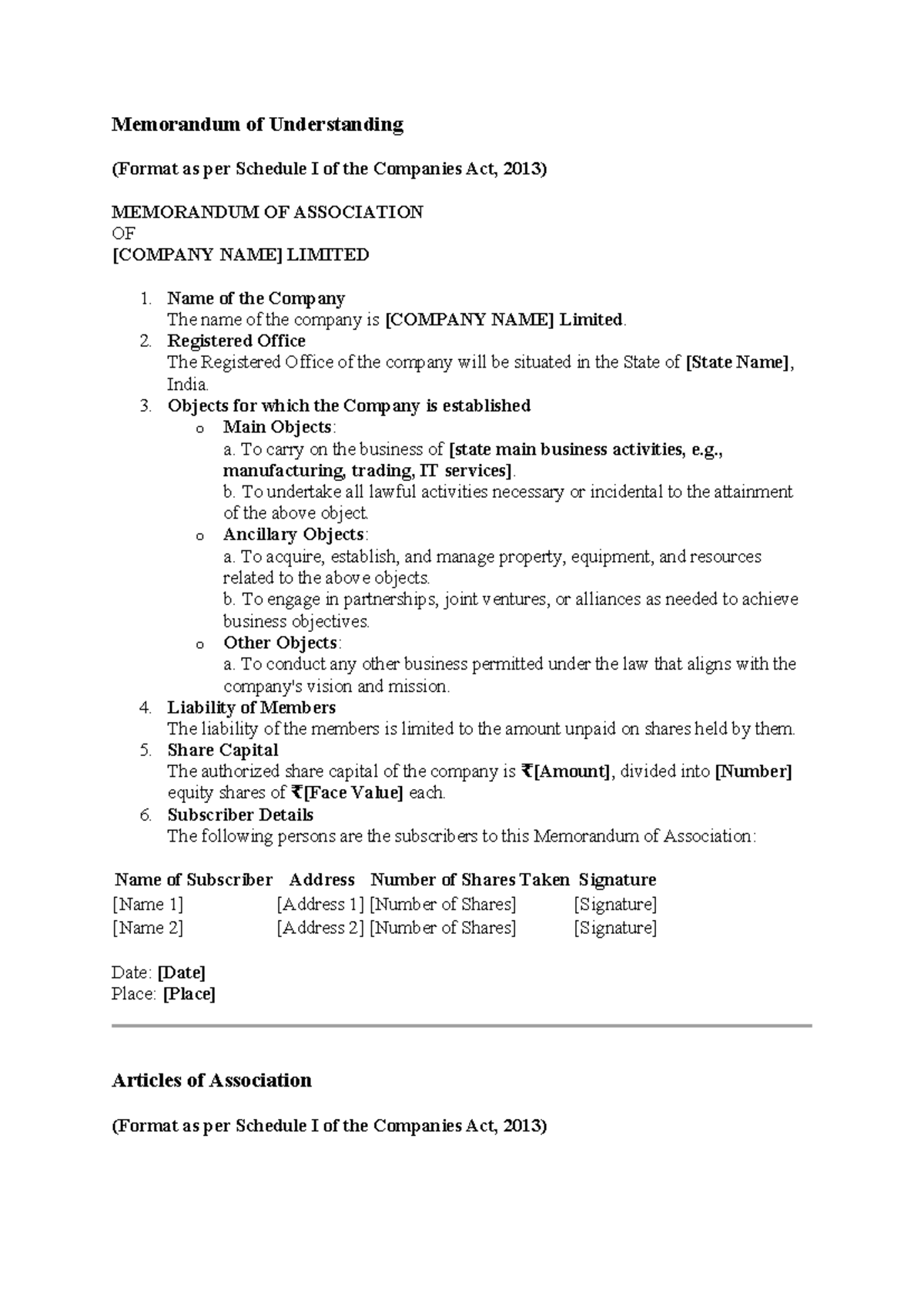Memorandum & Articles of Association Template for [COMPANY NAME] Ltd ...