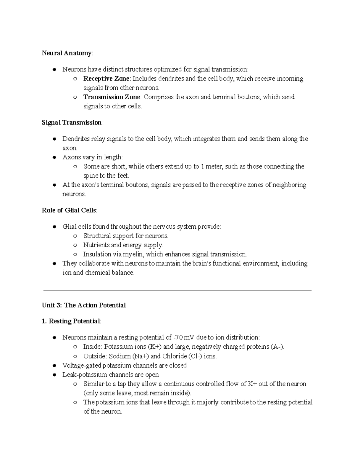 Neuroscience 1: Neural Anatomy and Action Potential Notes - Studocu