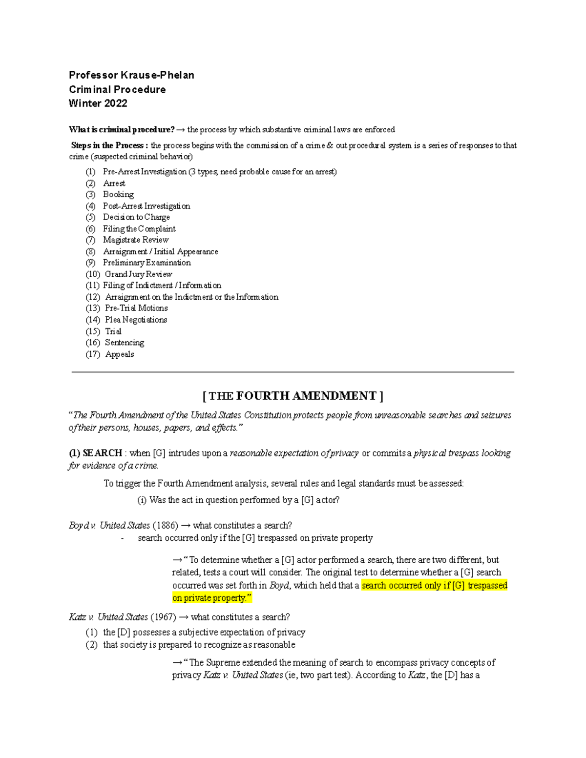 Krause-Phelan Criminal Procedure Lecture Notes Winter 2022 - Studocu