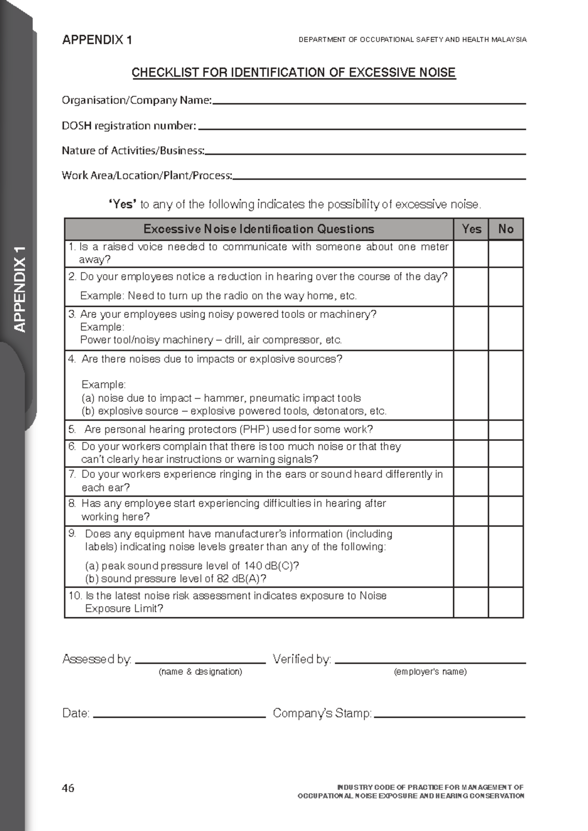 DOSH Checklist for Identifying Excessive Noise in the Workplace - Studocu