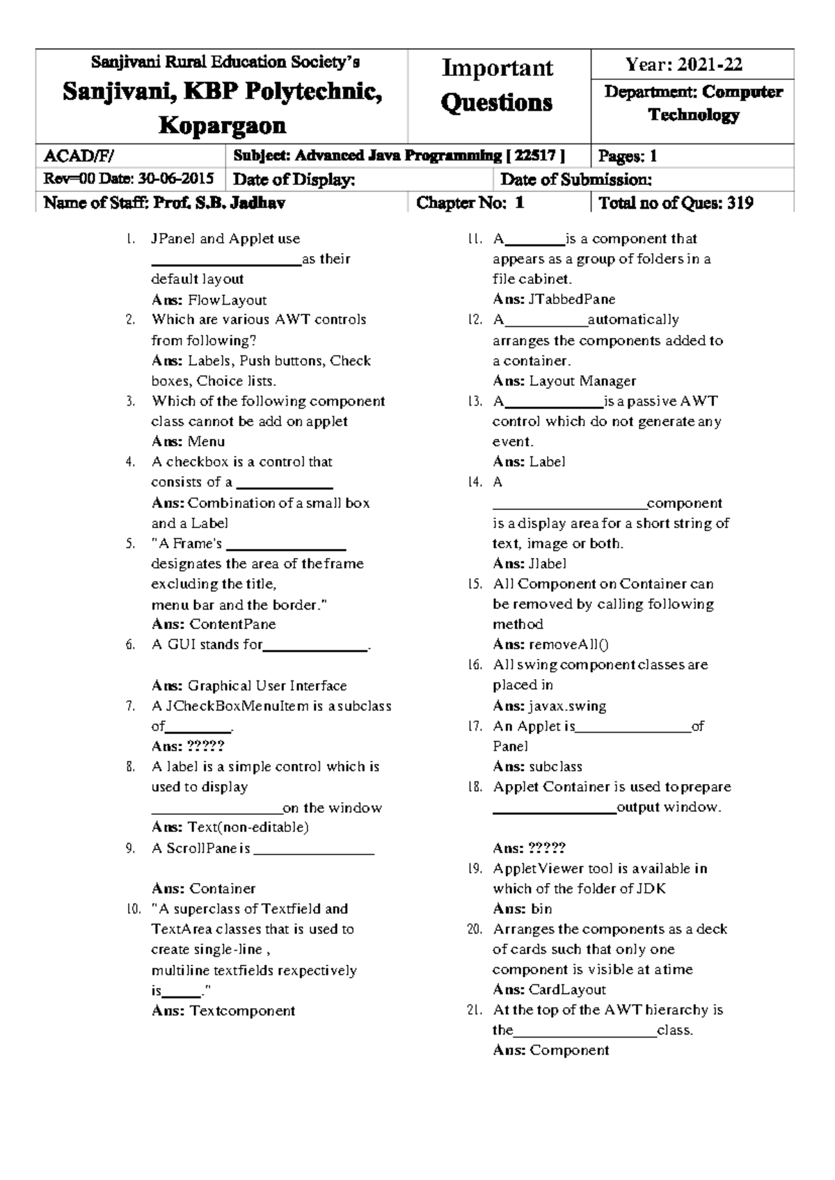 Mcq AJP - Java - JPanel and Applet use as their default layout Ans ...