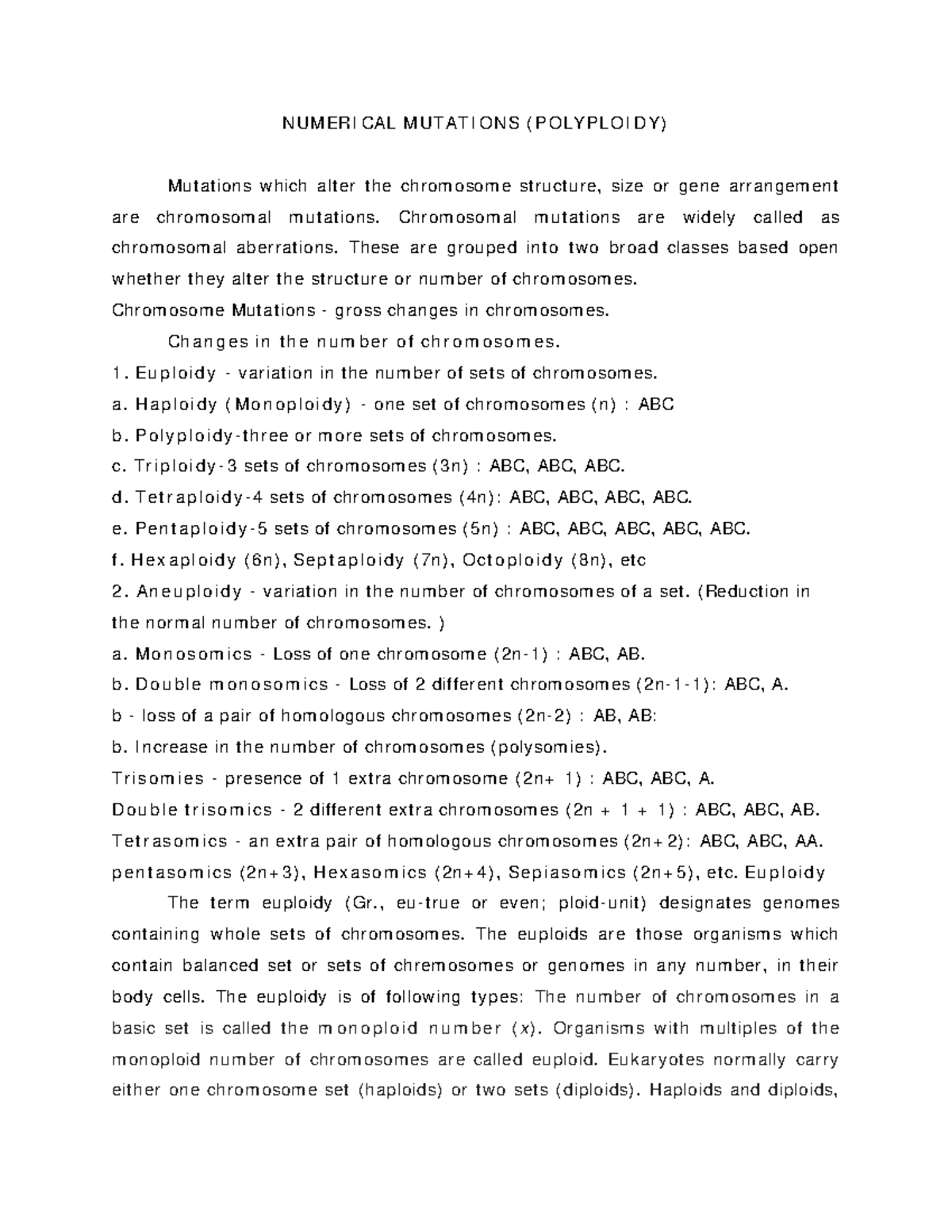 Lec20 - Chromosomal Mutations and Polyploidy in Biology 1 - Studocu