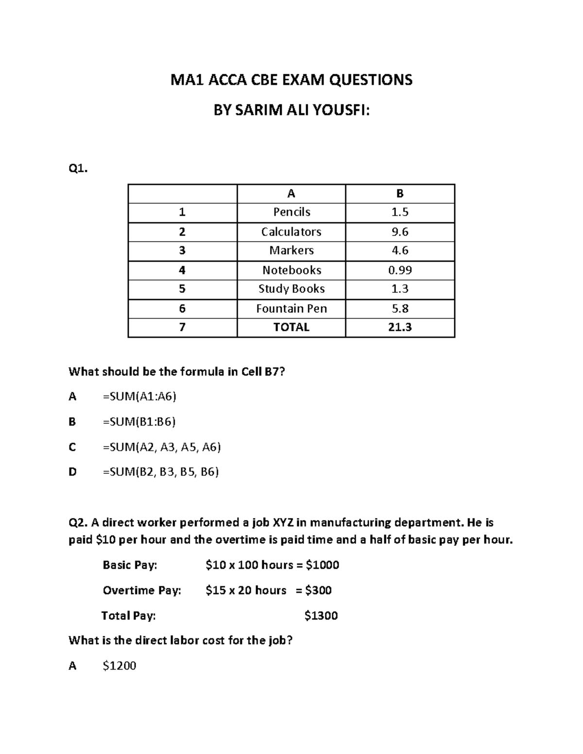 MA1 ACCA CBE EXAM Questions & Answers by Sarim Ali Yousfi - Studocu