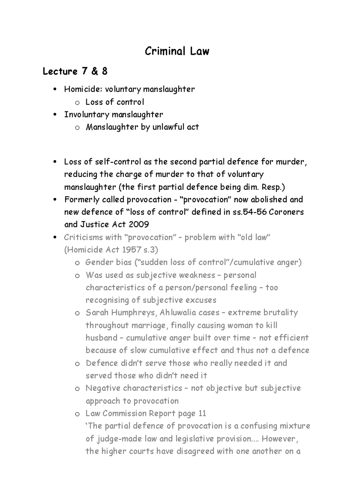 Criminal Law (Week 4): Understanding Loss of Self-Control in Homicide ...
