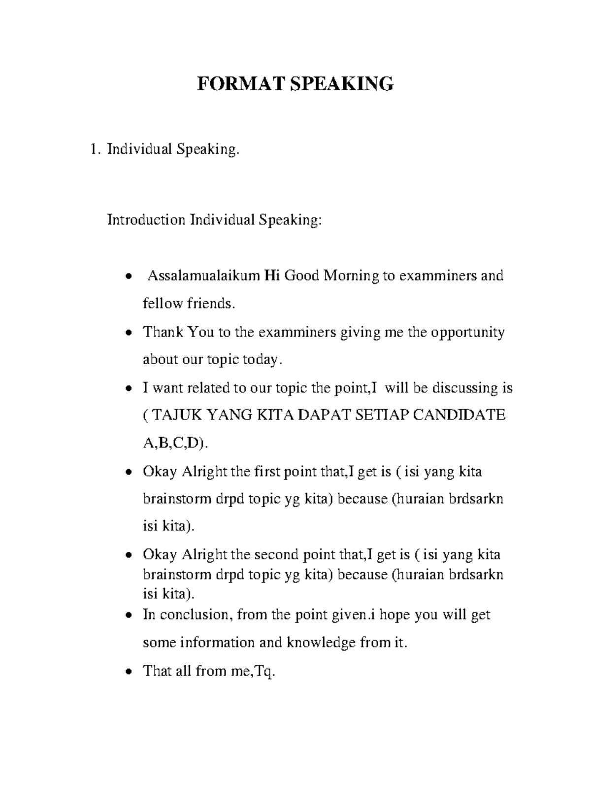 Format Speaking MUET 2021 - FORMAT SPEAKING Individual Speaking ...