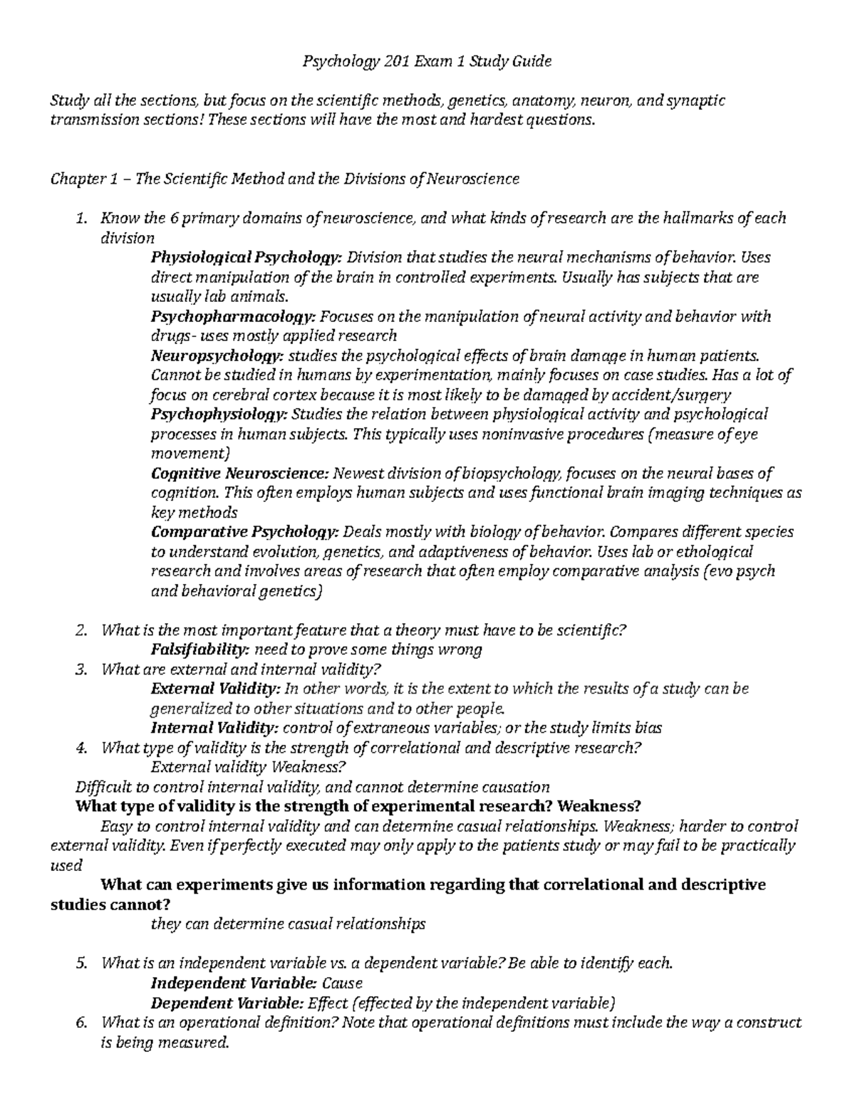 Psychology 201 Exam 1 Study Guide: Key Concepts and Review - Studocu