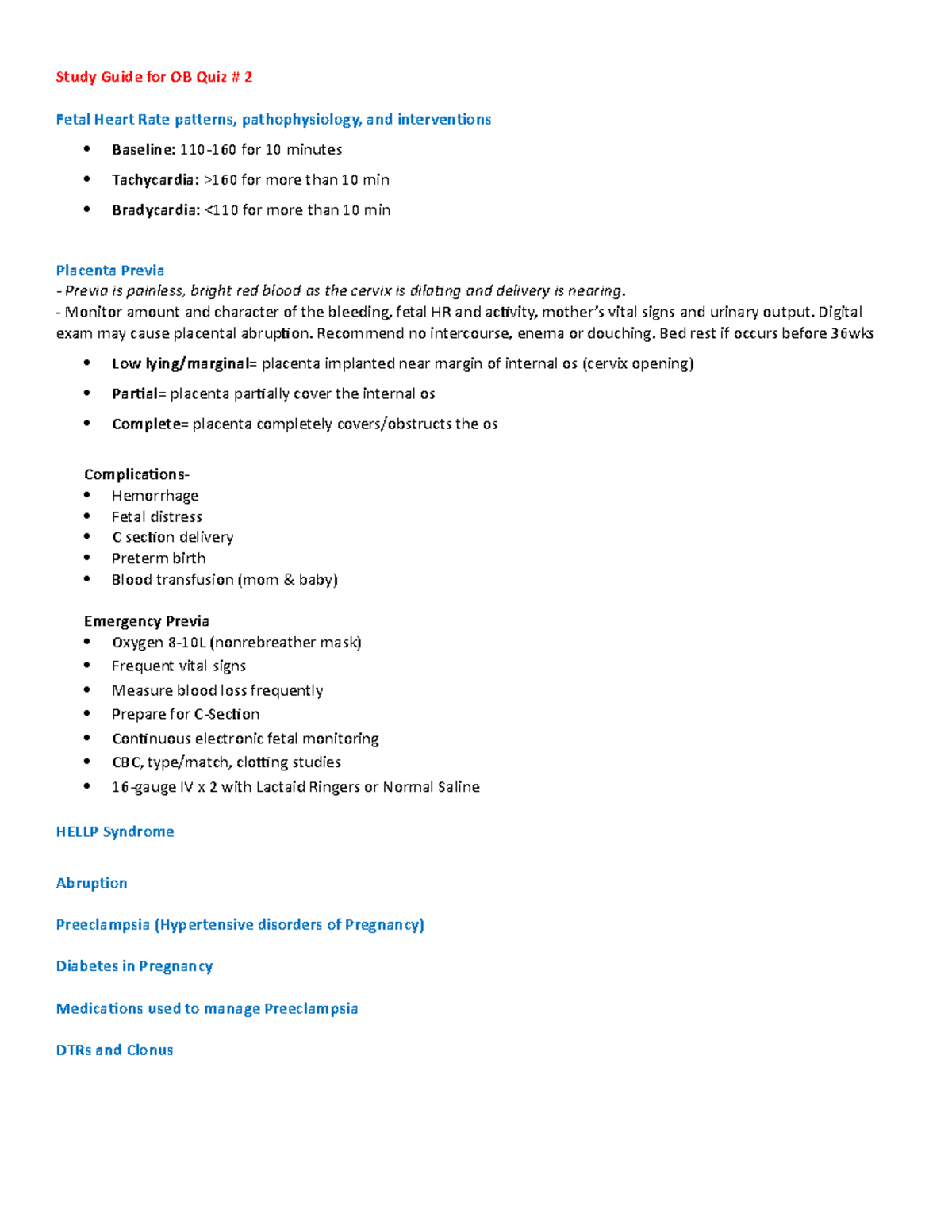 OB Quiz 2 study guide - Study Guide for OB Quiz # 2 Fetal Heart Rate ...