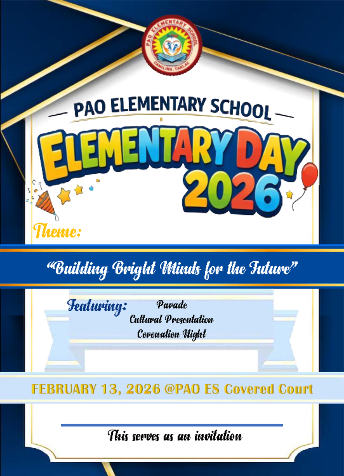 Elementary Day Program Invitation: Bright Minds Parade & Coronation ...