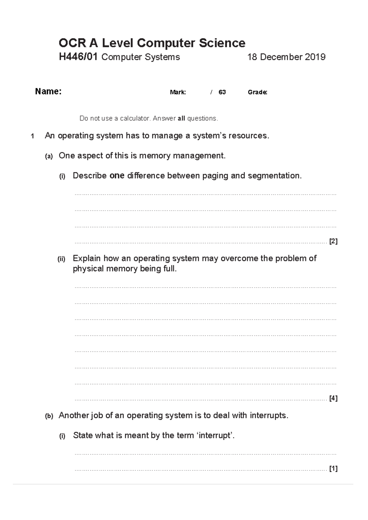 H446-01 Dec 2019 A Level Computer Science Test for KA2 - Studocu