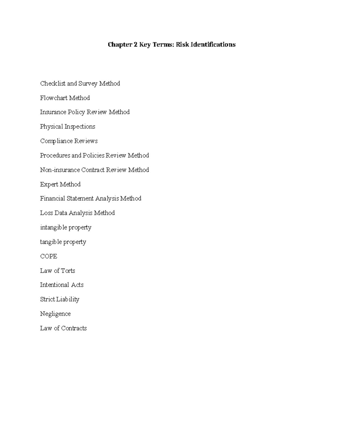 Chapter 2 Key Terms List - INSU 3324 - Chapter 2 Key Terms: Risk ...