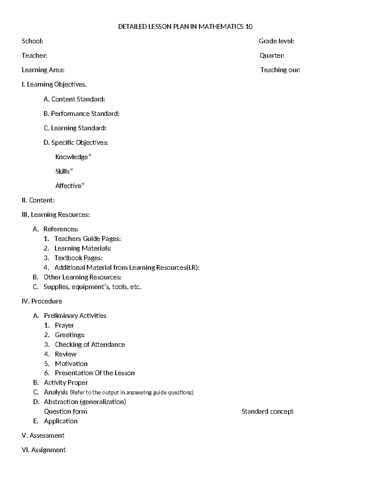 Detailed Lesson Plan in Mathematics 10: Comprehensive Format - Studocu