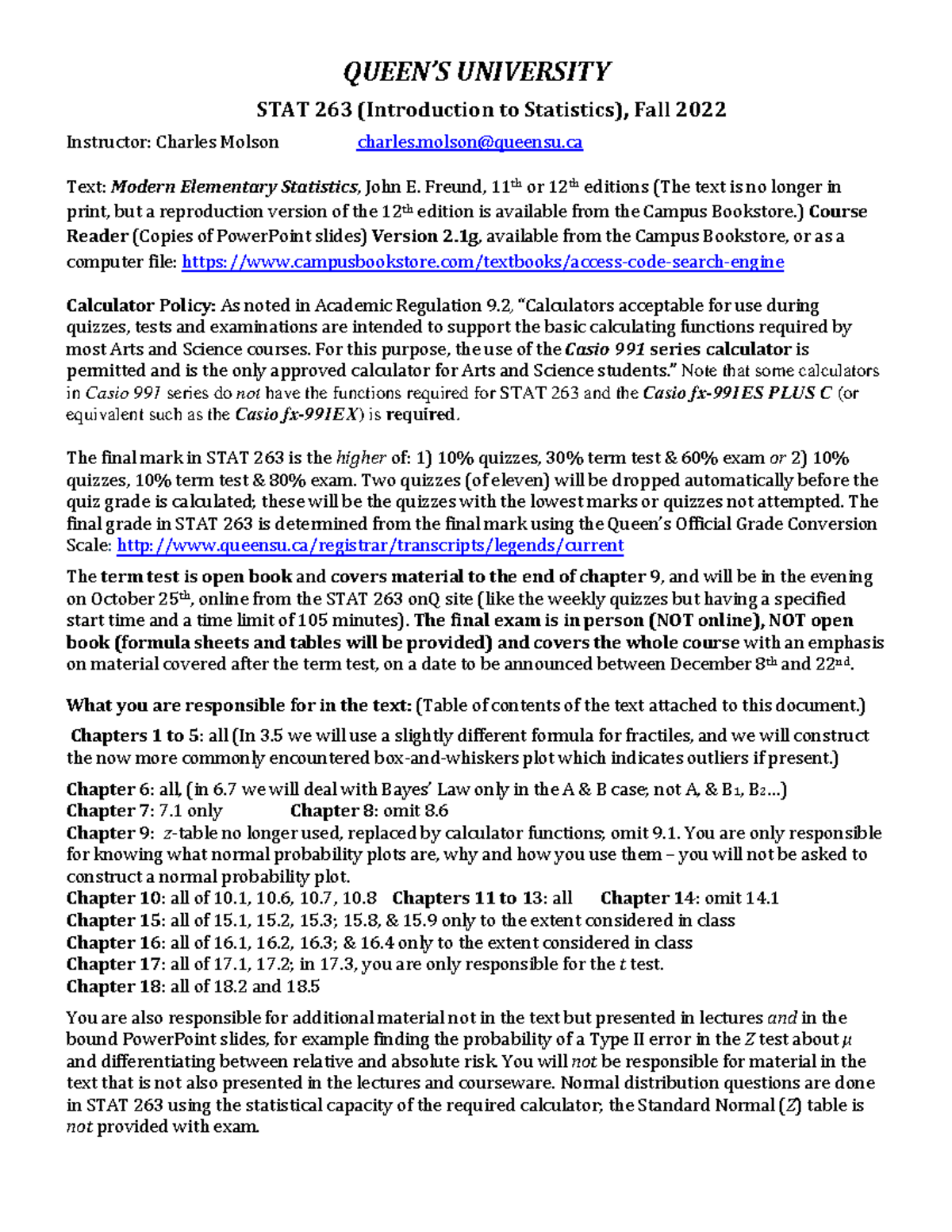 STAT 263 Course Outline and Expectations - Fall 2022 - Studocu