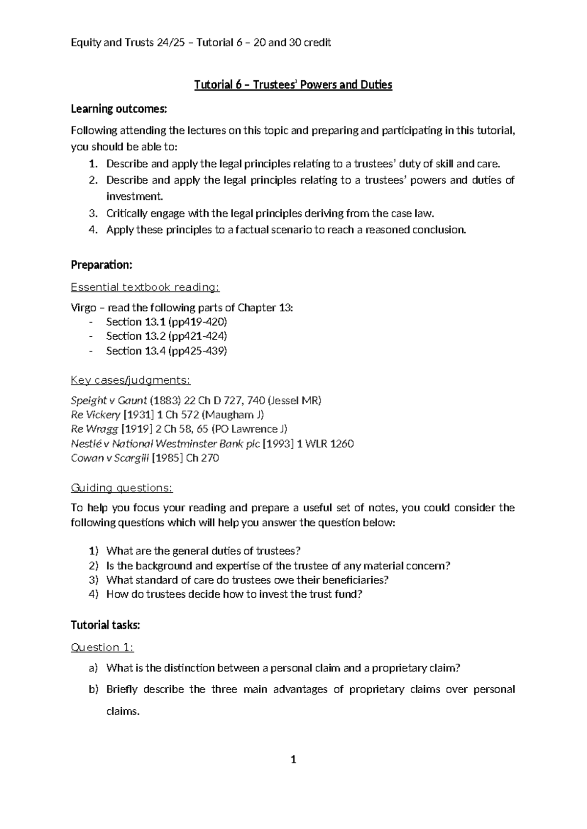 Tutorial 6 - worksheet - Equity and Trusts 24/25 – Tutorial 6 – 20 and ...