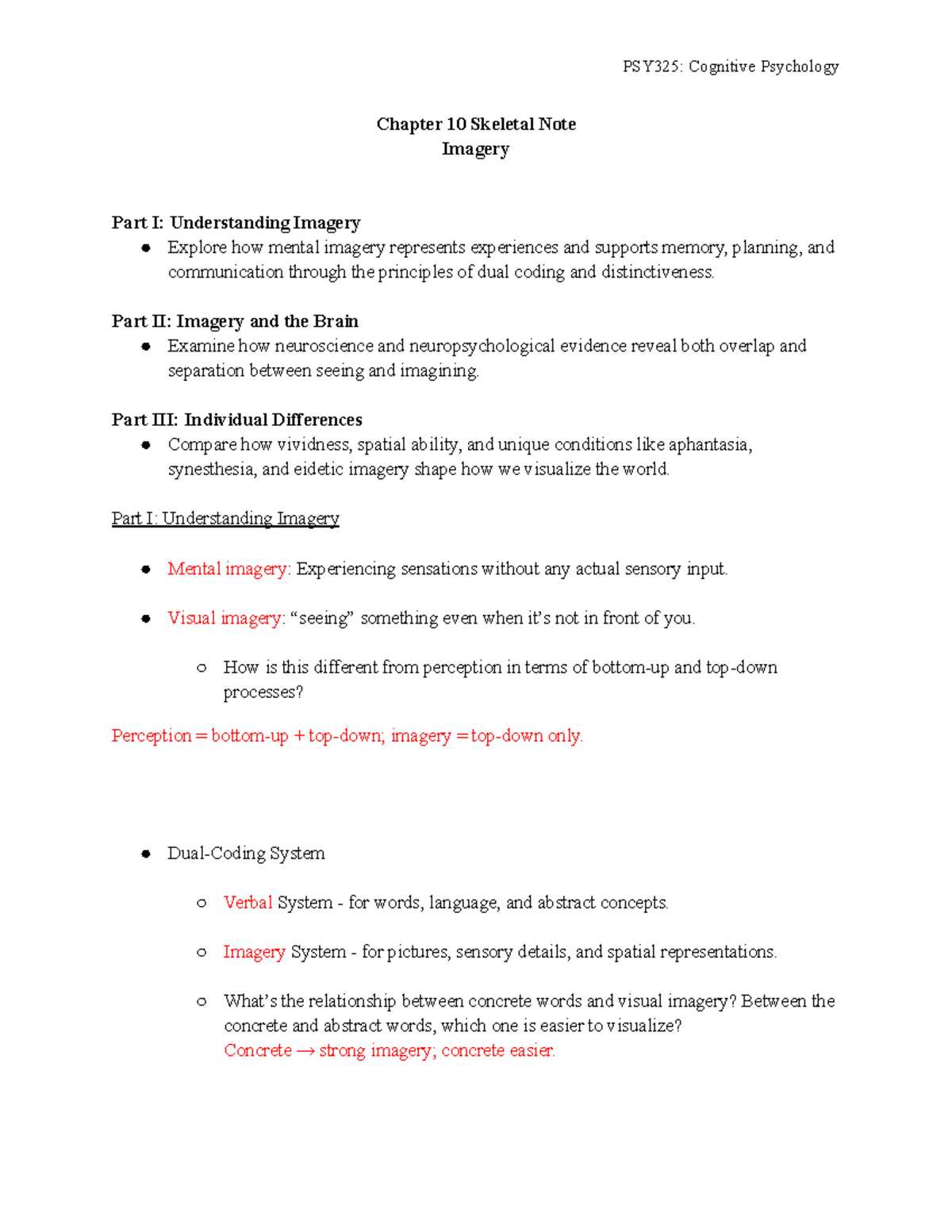 PSY325: Cognitive Psychology - Chapter 10 Skeletal Notes on Imagery ...