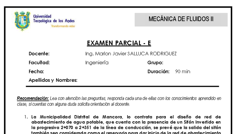 MECÁNICA DE FLUIDOS II EXAMEN PARCIAL: Sifón y Red Hidráulica - Document Preview