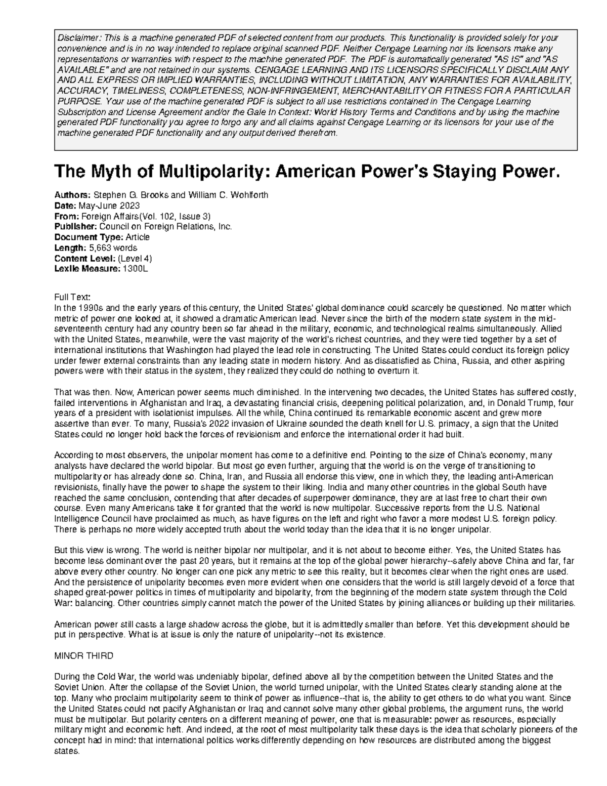 The Myth of Multipolarity: Analyzing American Power Dynamics - Studocu