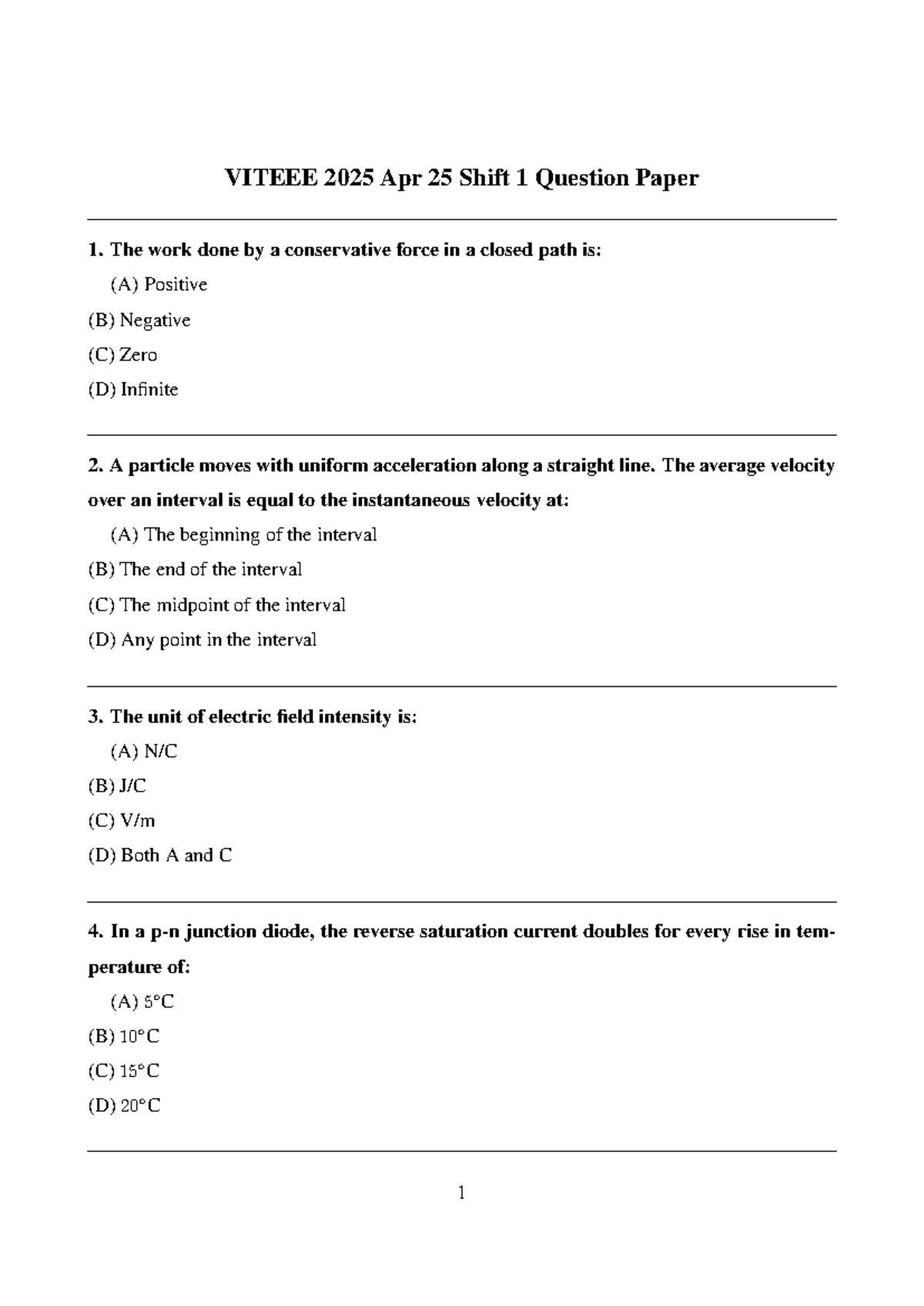 VITEEE 2025 Apr 25 Shift 1 Question Paper Analysis - Studocu
