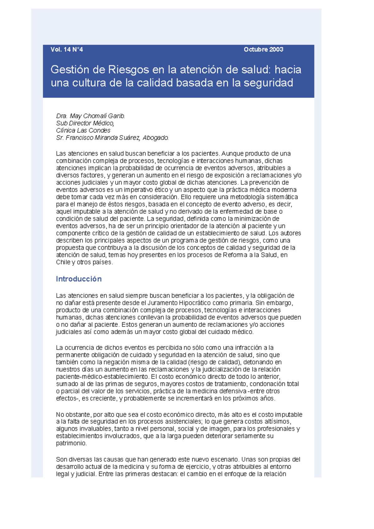 Gestión de Riesgos en Atención de Salud: Hacia la Seguridad del ...
