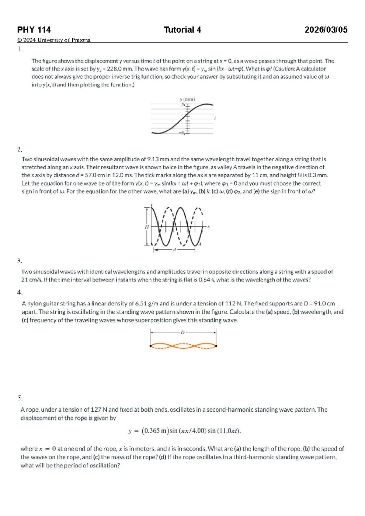 PHY 114 Tutorial 4: Wave Displacement and Properties Analysis - Studocu